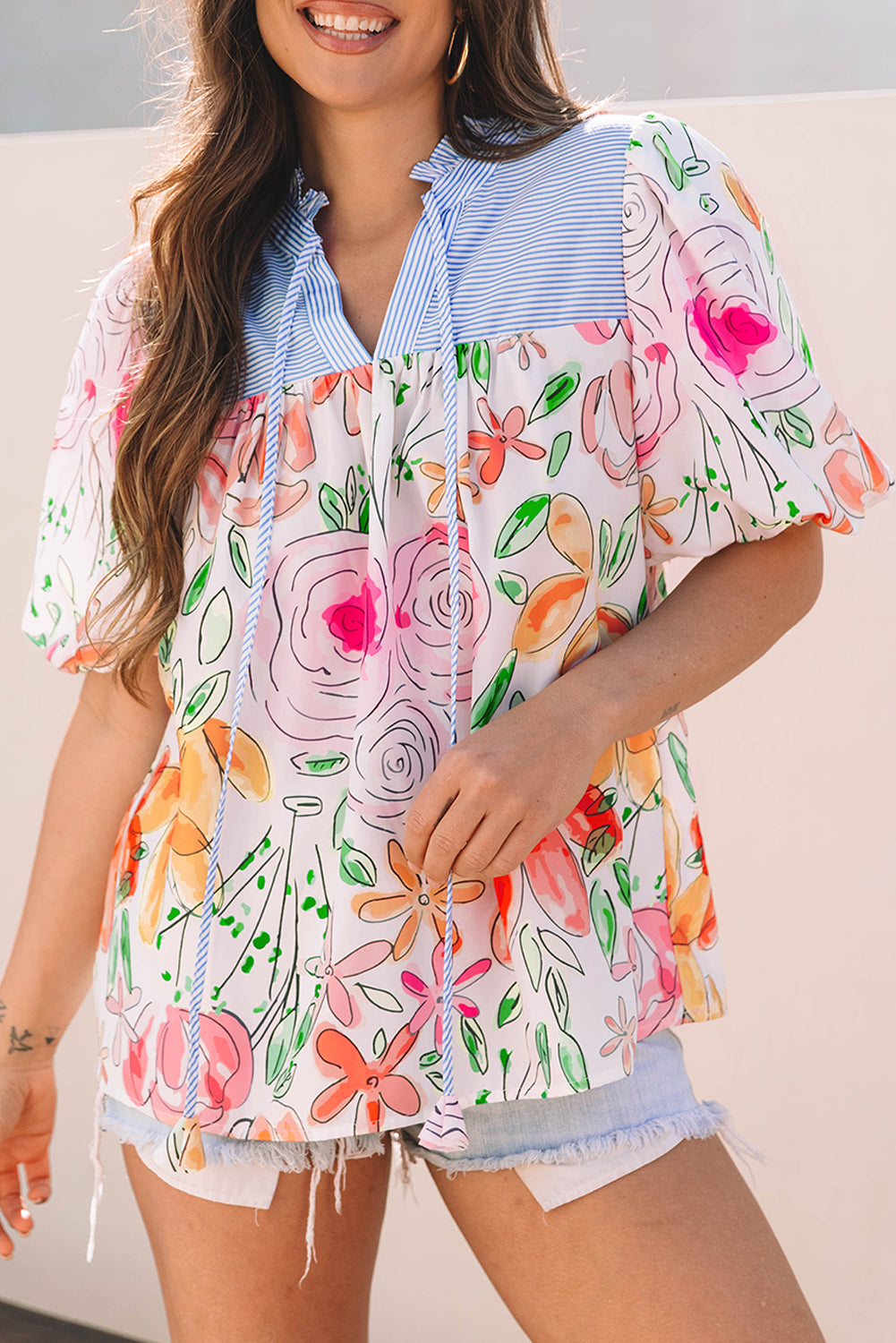 Floral Print Striped Yoke Frilled V Neck Blouse