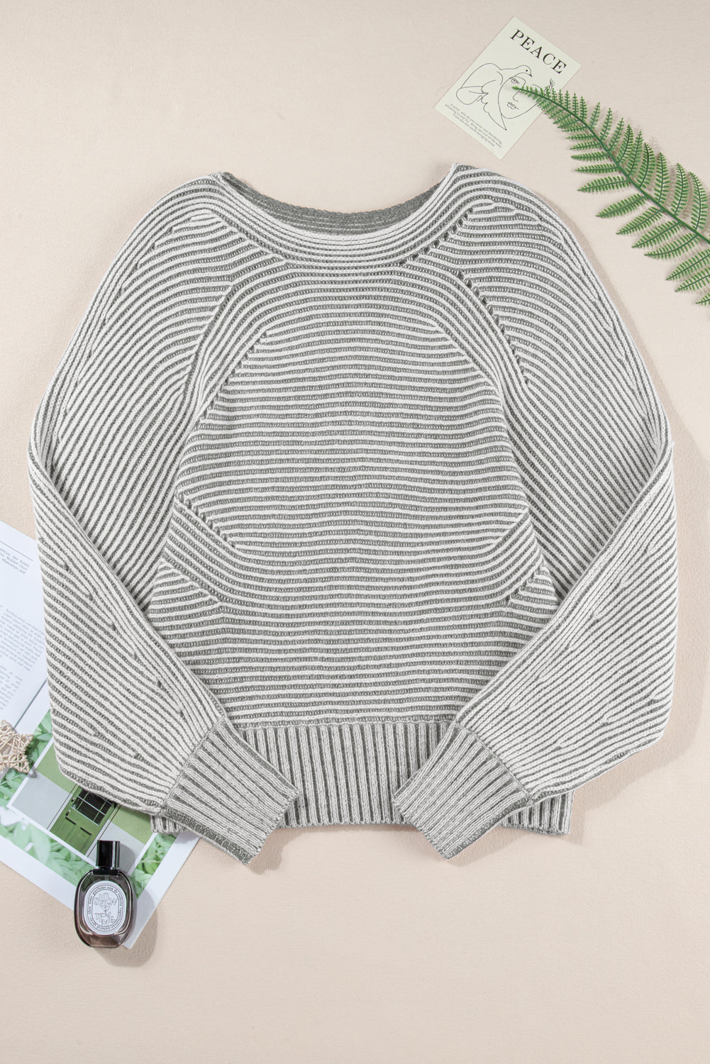 Striped Print Rib-Knit Knit Boat Neck Baggy Knit Top