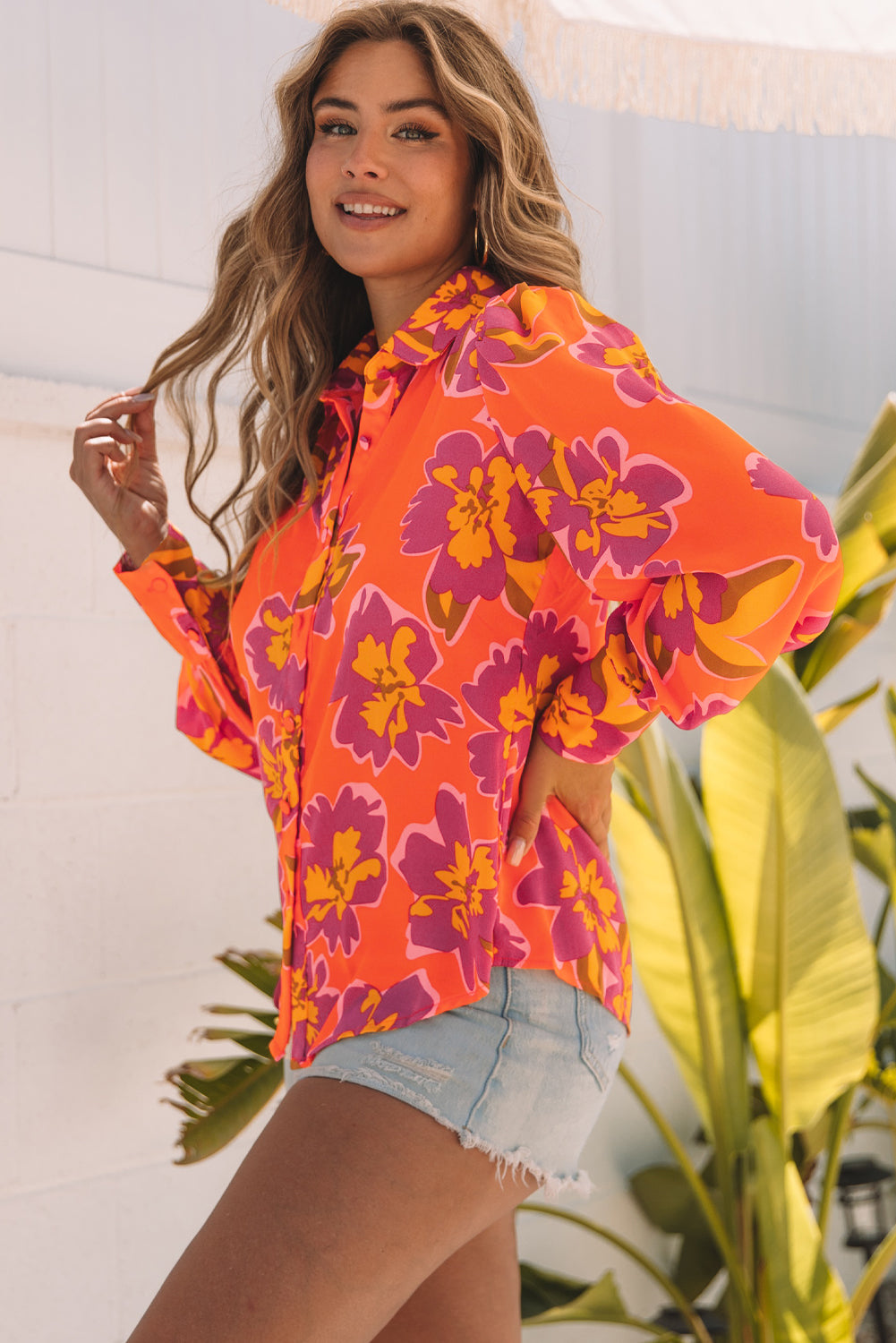 Lantern Sleeve Floral-Print Sleeve Shirt in Orange