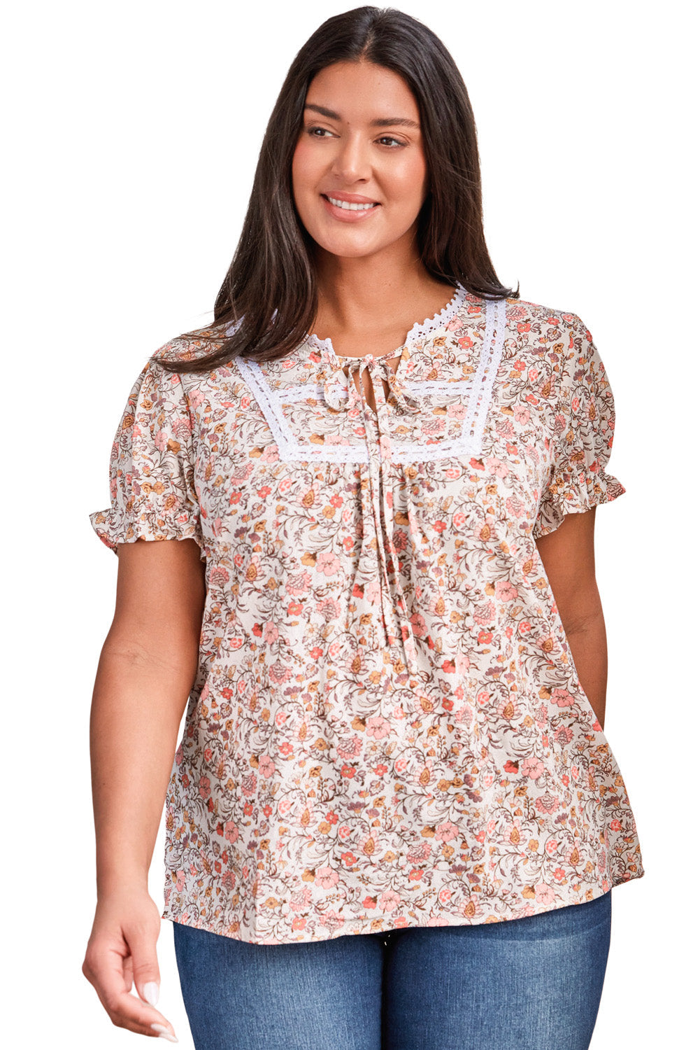 Women's Top Featuring Split Neck Floral-Print Plus Size