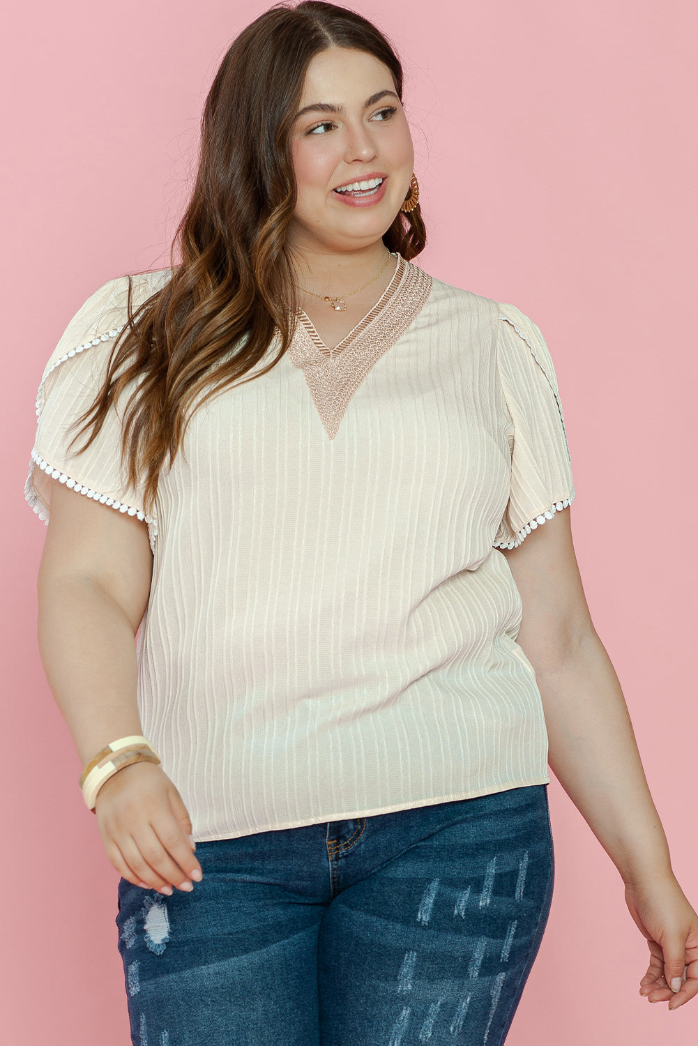 Blouse for Women Plus Contrast Guipure Lace-Trimmed Petal