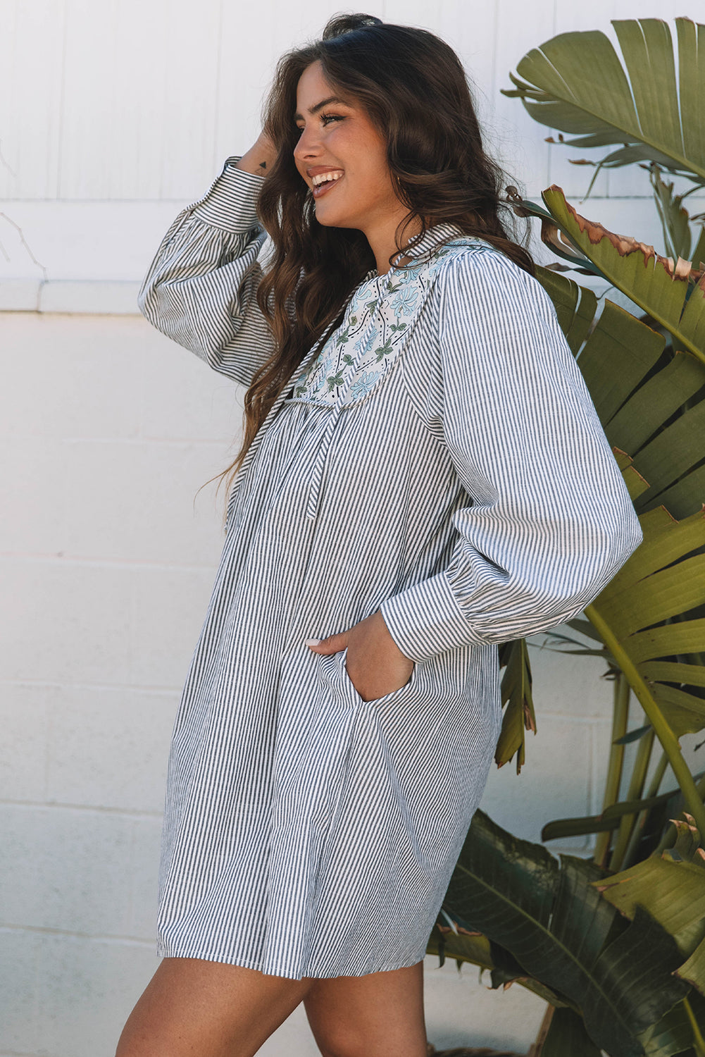 Black Stripe Floral Patchwork Shift Long Sleeve Mini Dress
