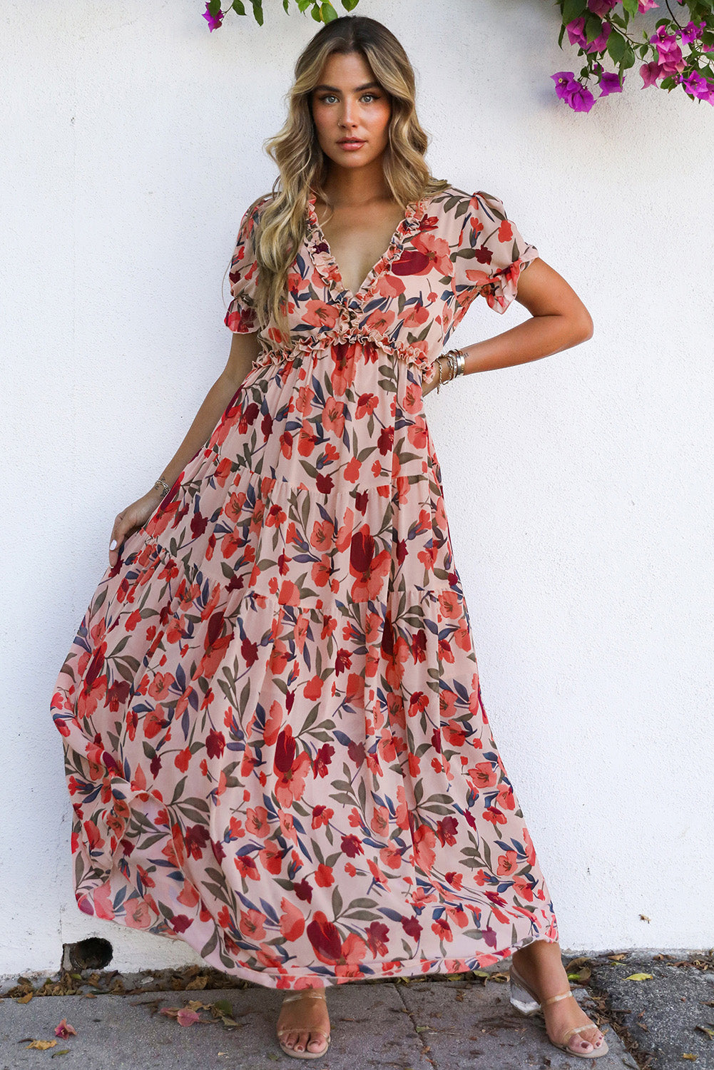 V-Neck Floral-Print Frilled Short-Sleeved Maxi Dress in Red