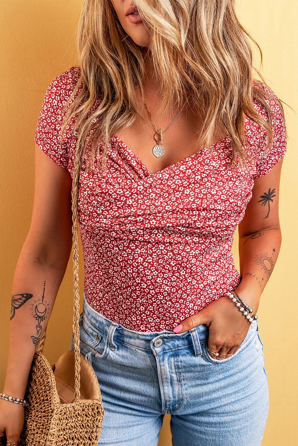 Women's Bodysuit Featuring Wrapped Short-Sleeve Floral-Print