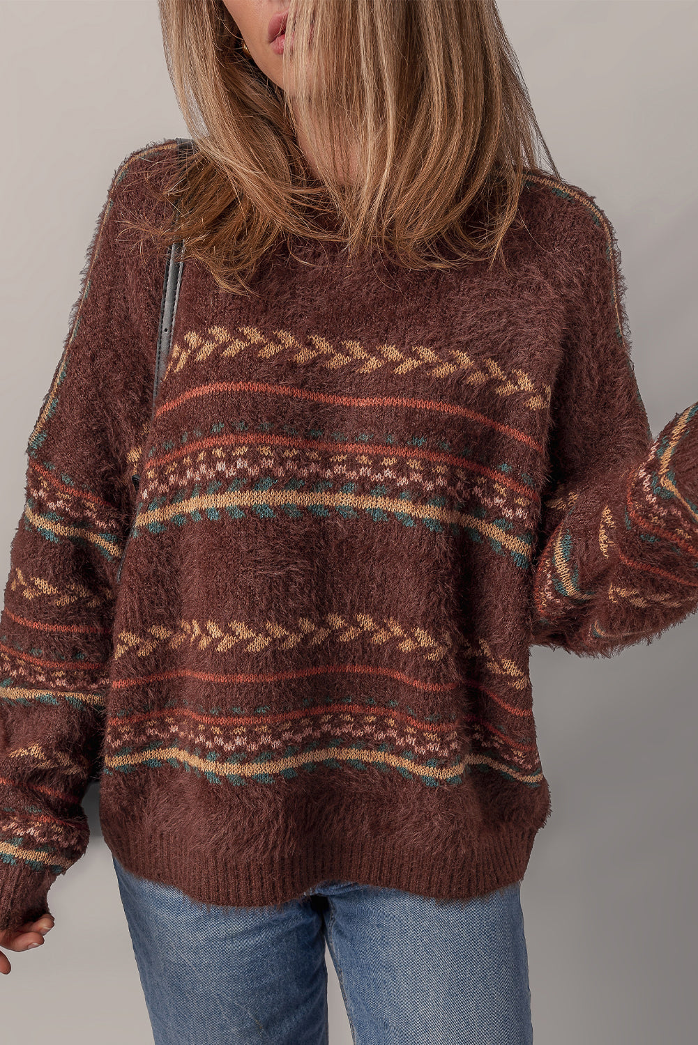 Ethnic Knit Pattern Mohair Drop-Shoulder Knit Top