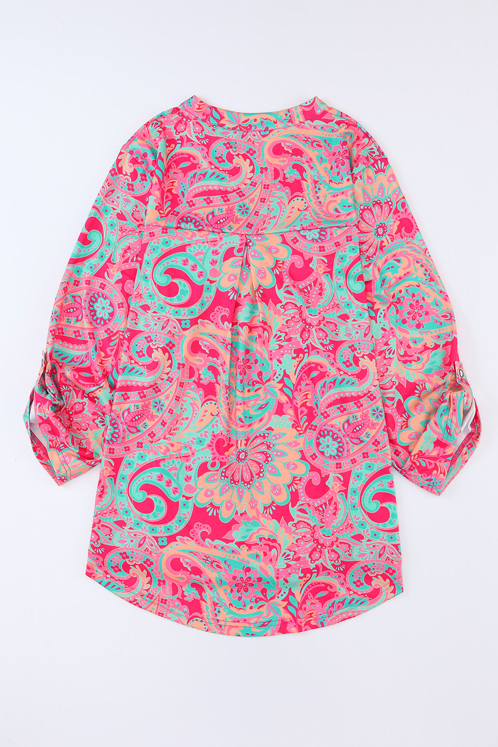Women's Plus Size Paisley Print V Neck Roll Tab Sleeve Blouse