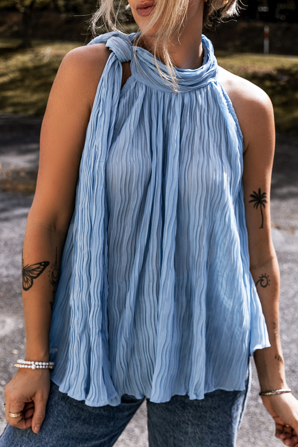 Textured Pleated Tied Mock Neck Flowy Tank Top