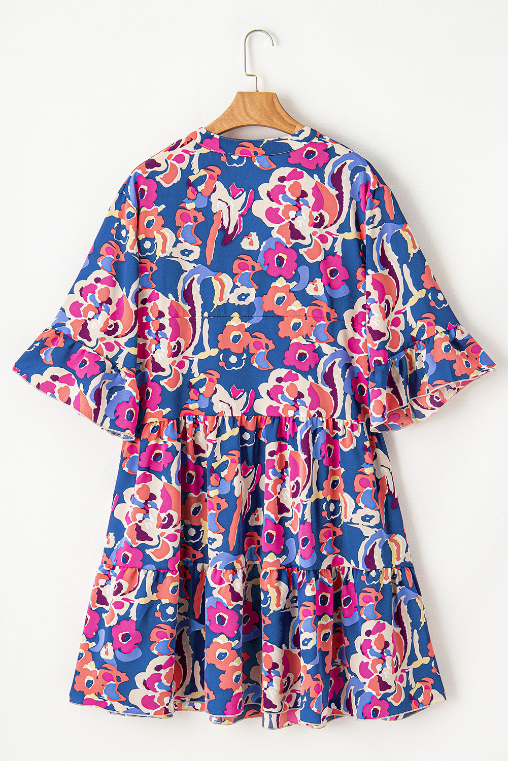 Women's Mini Dress with Ruffle-Trimmed Three-Quarter Sleeve Plus Size Floral-Print Print