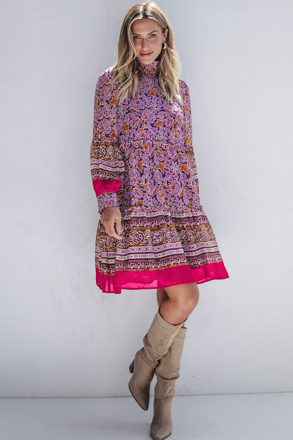 Women's Mini Dress with Mock Neck Shirred Balloon Sleeve
