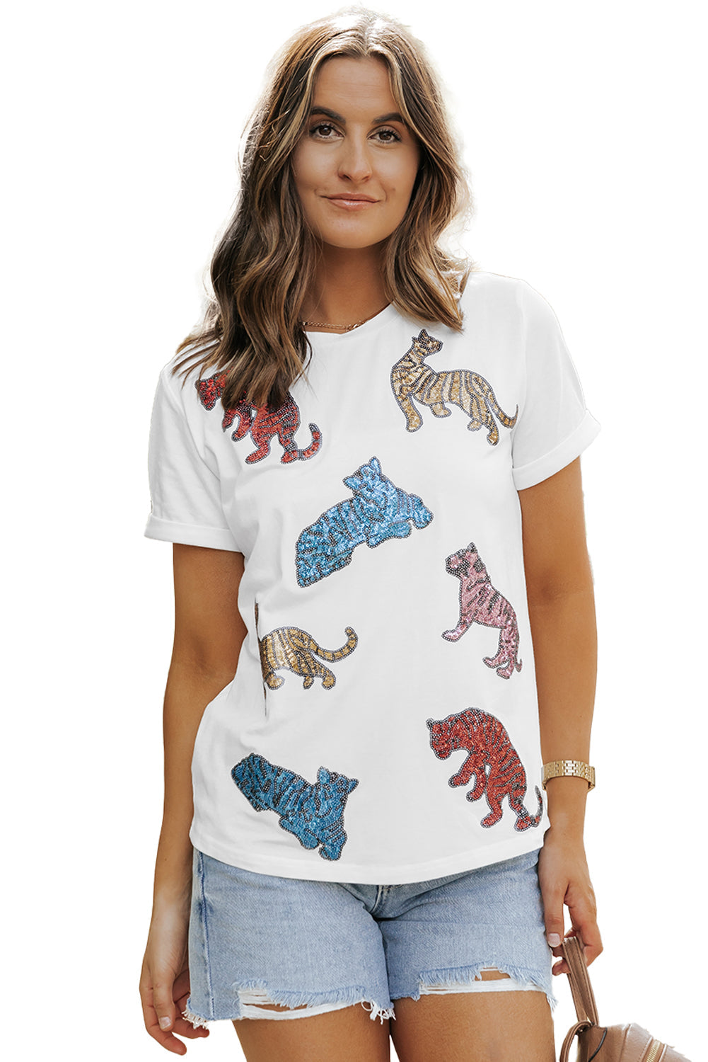 Women's T-shirt Featuring Shiny Tiger Patch Graphic-Print Summer