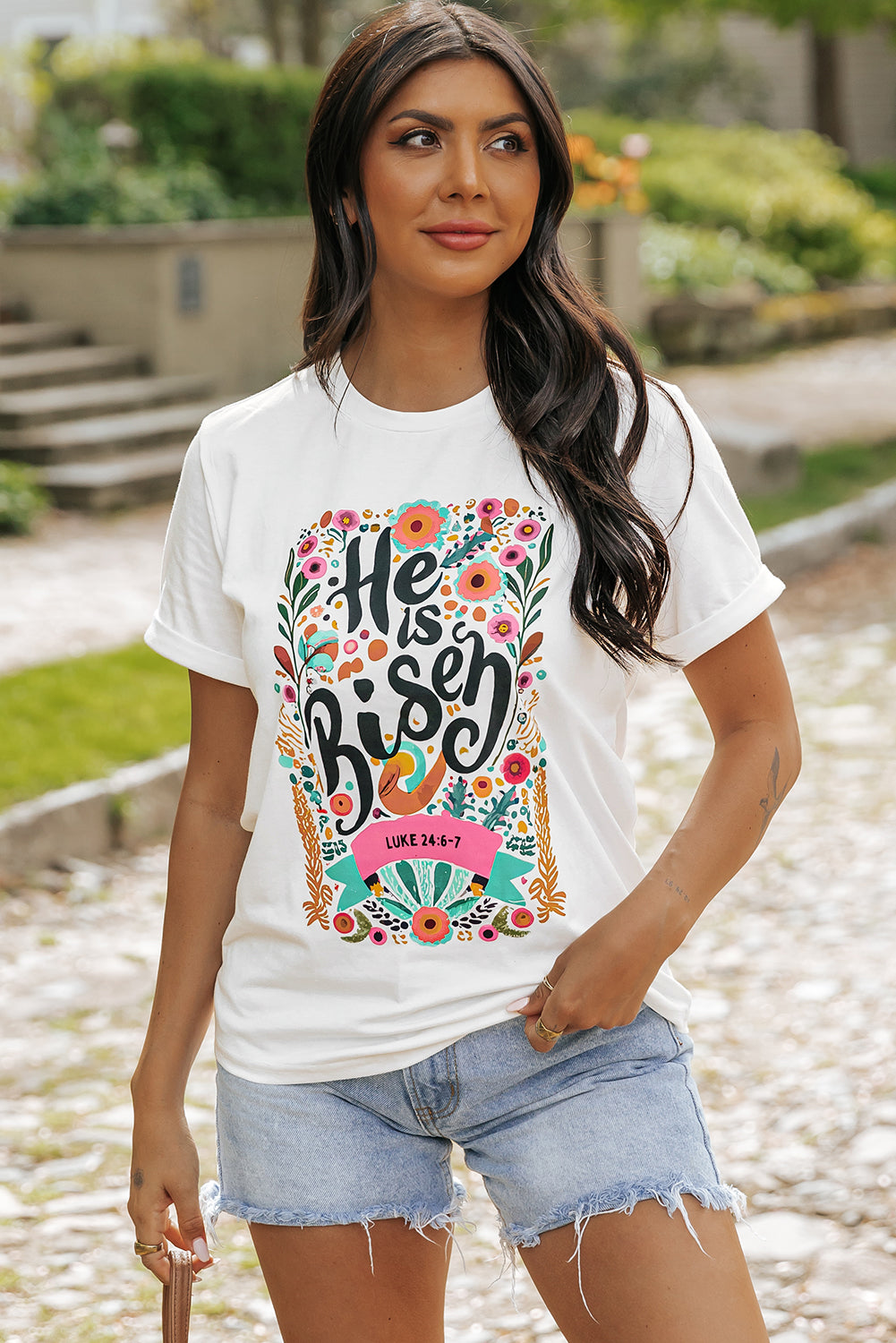 Women's T Shirt Featuring He Is Risen Floral-Print Print Round Neck