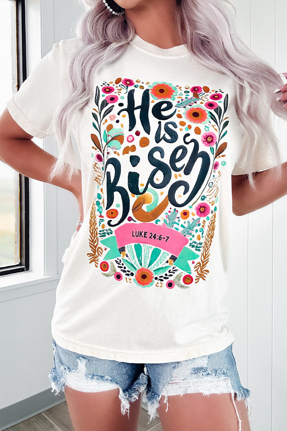Women's T Shirt Featuring He Is Risen Floral-Print Print Round Neck