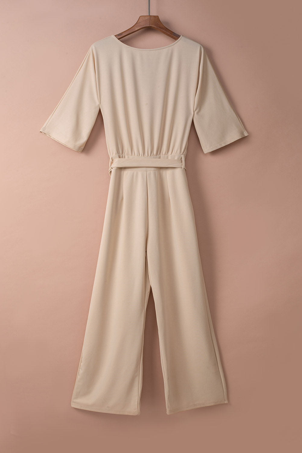 Women's Leg Jumpsuit Featuring Waist Tie Wide Apricot Bracelet-Length Sleeve