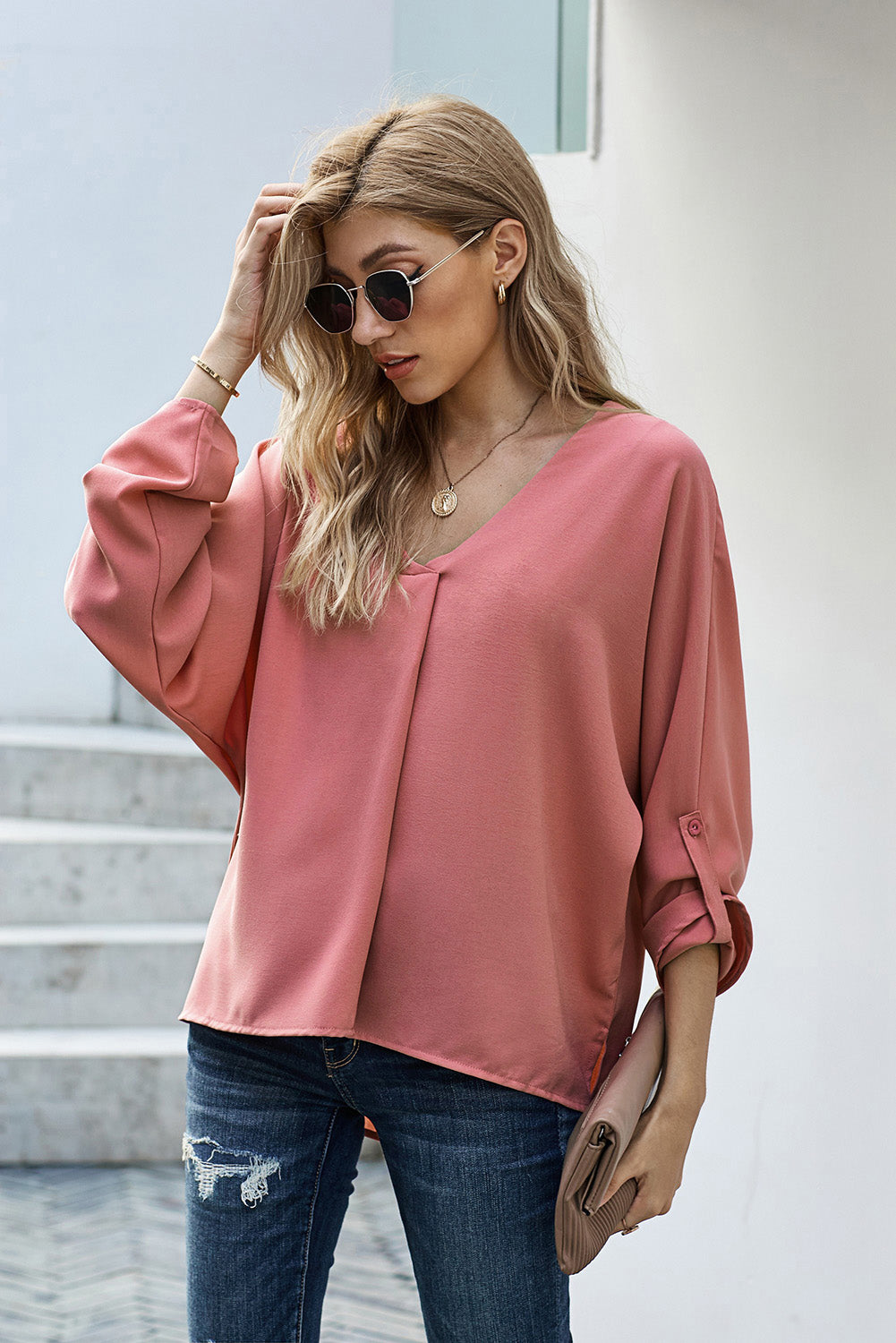 Shirt for Women Pink V Neck Three-Quarter Sleeve High Low Hem