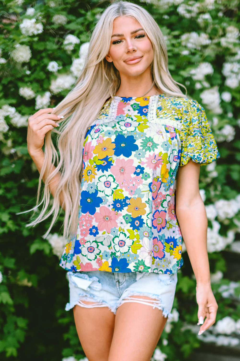 Women's Blouse with Lace-Trimmed Trim Floral-Print Mixed Print Bubble Sleeve