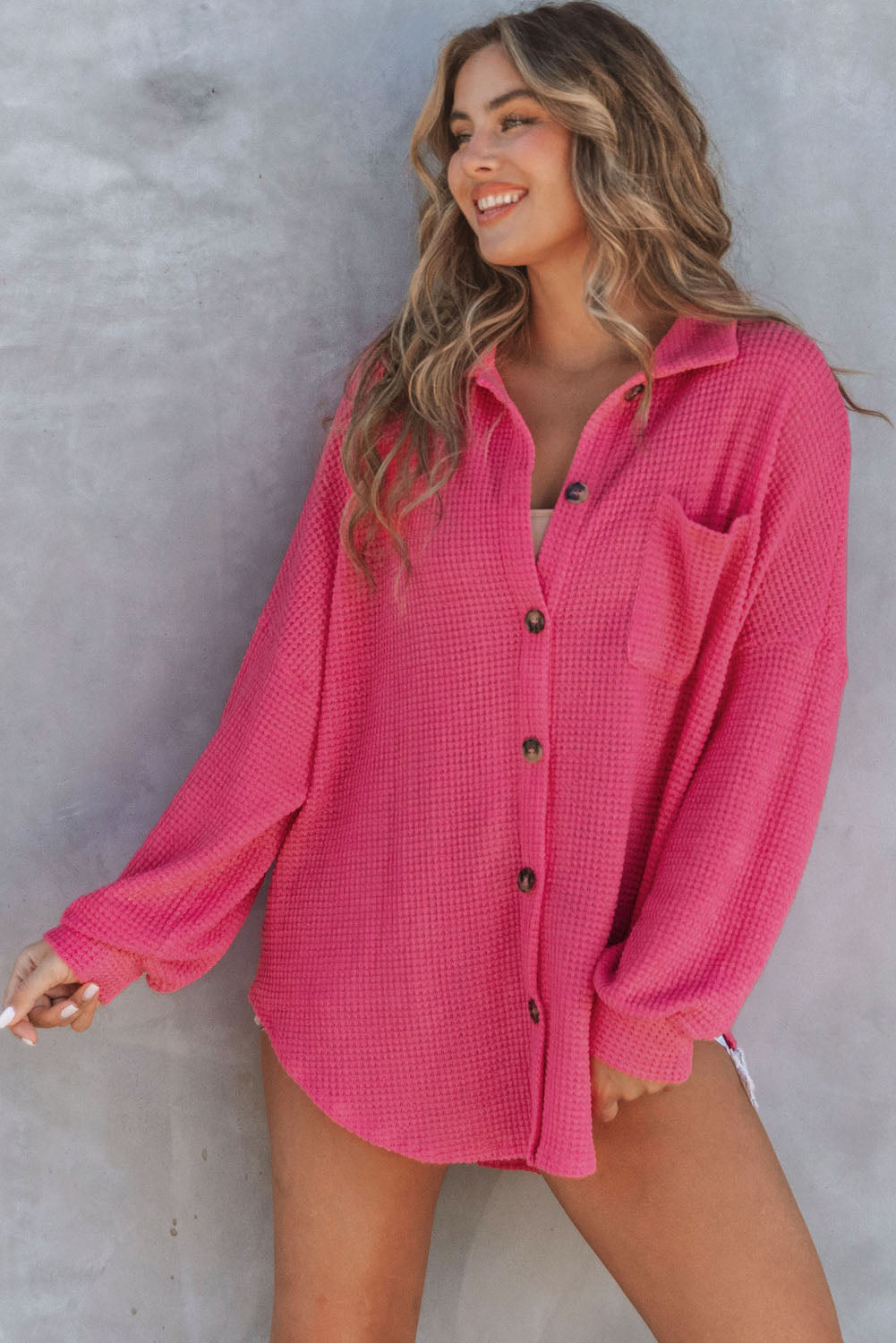 Women's Shirt Featuring Waffle Knitted Button Up Everyday