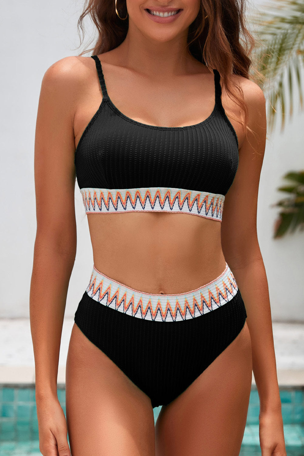 Textured Contrast Banding Bikini High Waist 2pcs Swimsuit
