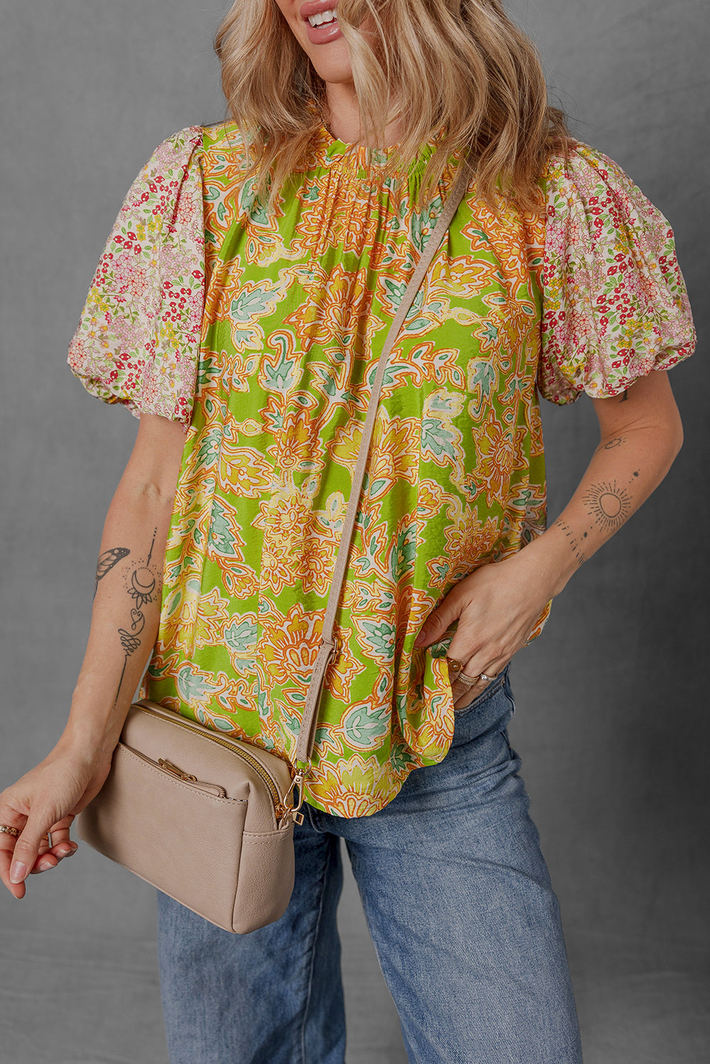 Printed Contrast Bubble Sleeve Patchwork Blouse