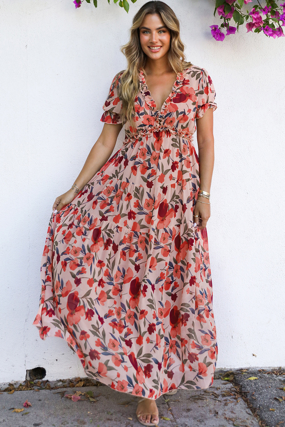 V-Neck Floral-Print Frilled Short-Sleeved Maxi Dress in Red