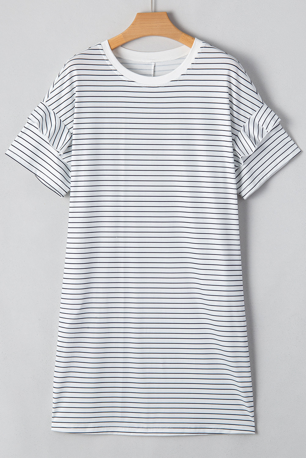 Stripe Ruffled Short-Sleeved Crew-Neck T Shirt Shift Mini Dress in White