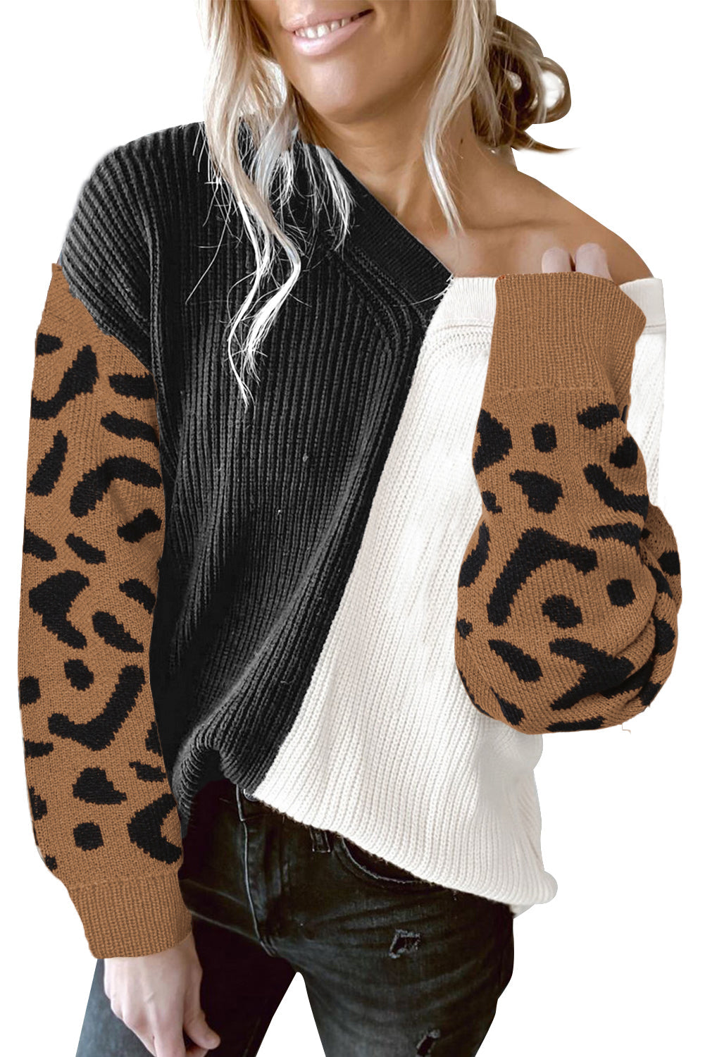 Women's Sweater Featuring Contrast Color V Neck