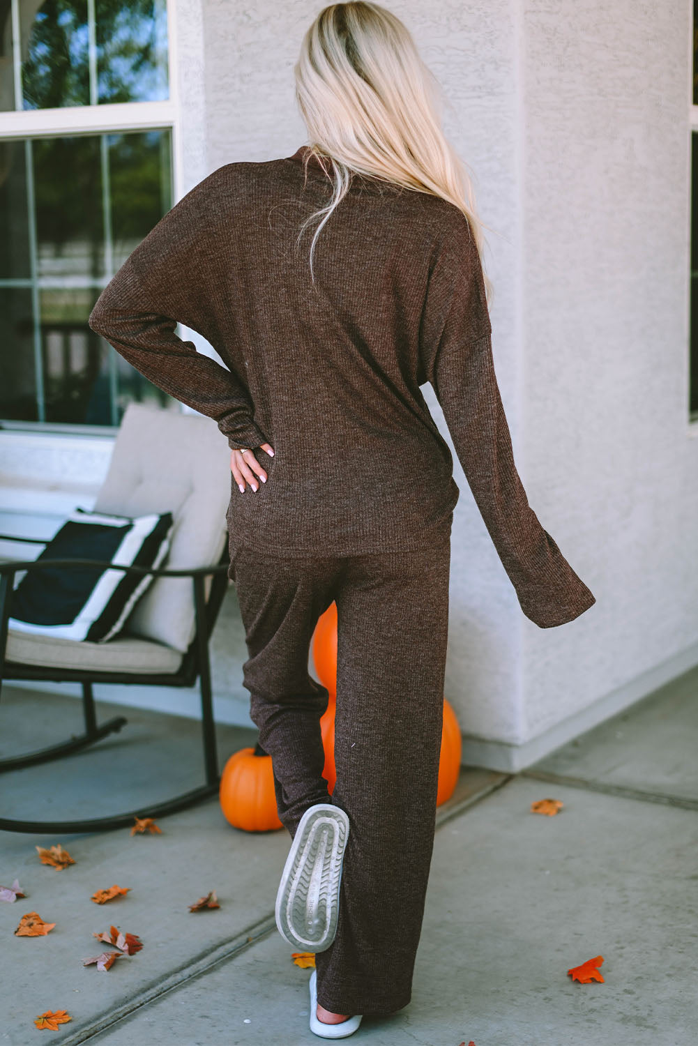 Rib-Knit Henley Knit Collared Top and Pants Lounge Outfit