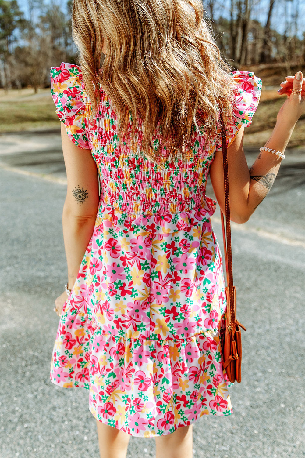 Women's Floral Dresses Featuring Shirred Bodice Ruffle-Trimmed