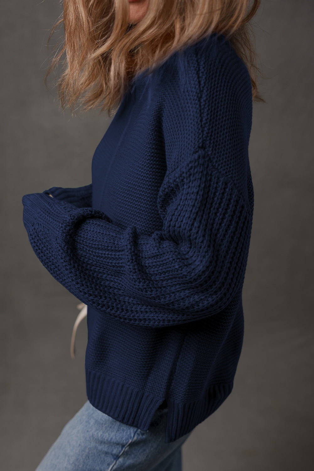 Seam Solid Front Drop-Shoulder Loose Knit Top