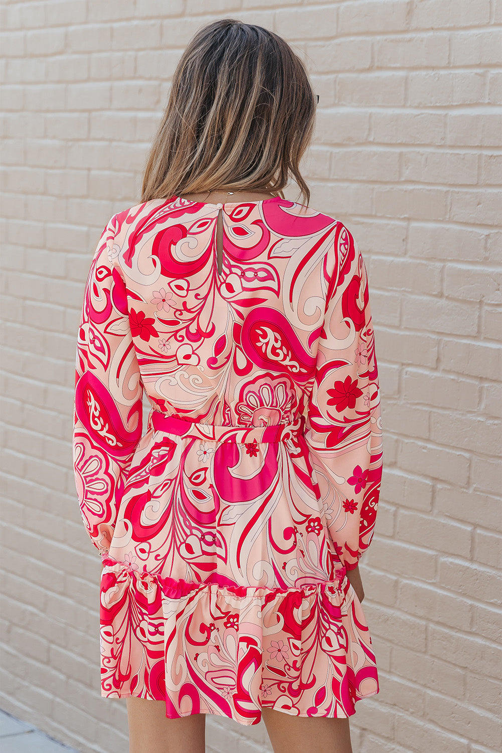 Mini Dress for Women Belted Paisley Keyhole Back