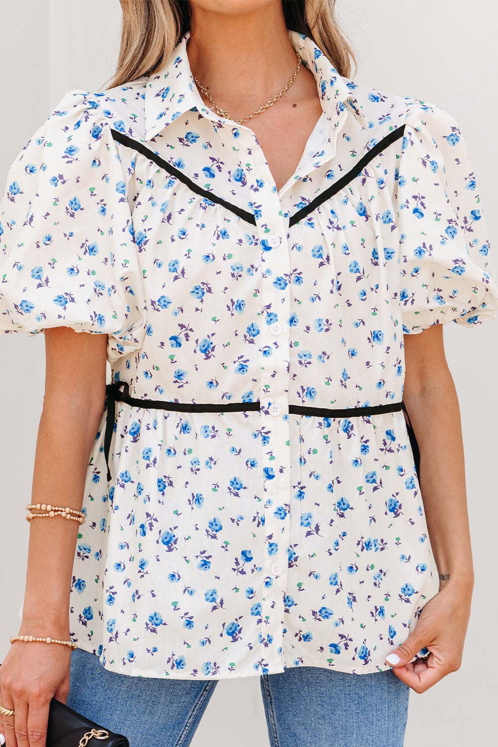 Contrast Puff Trim Floral Short-Sleeved Shirt
