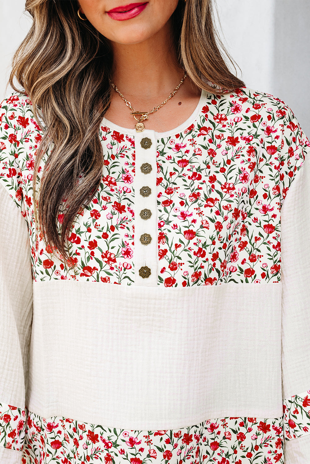 Patchwork Floral-Print Gauze Henley Button 3/4 Sleeve Blouse
