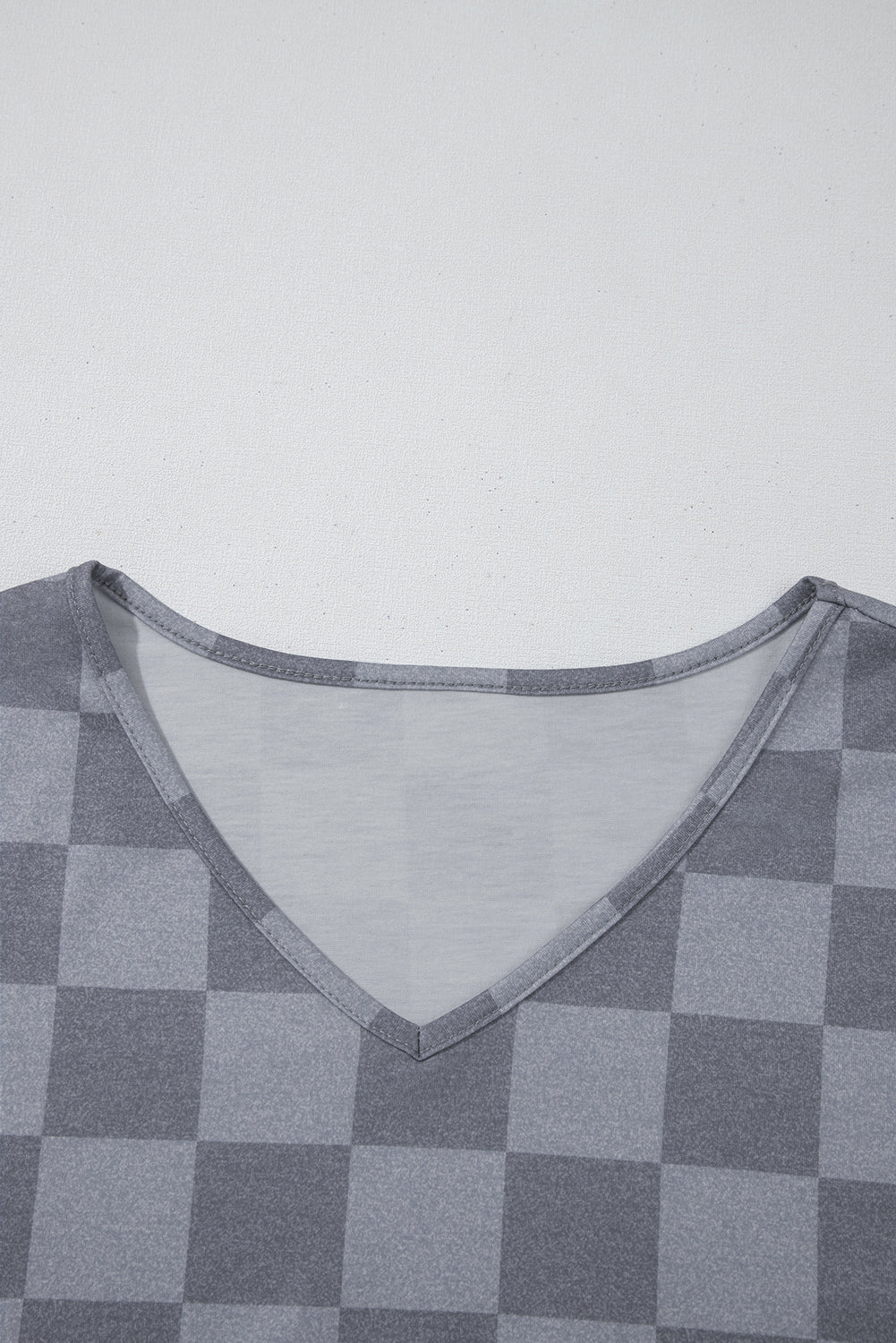 Checkered V-Neck Tee Drawcord Shorts Lounge Set in Gray