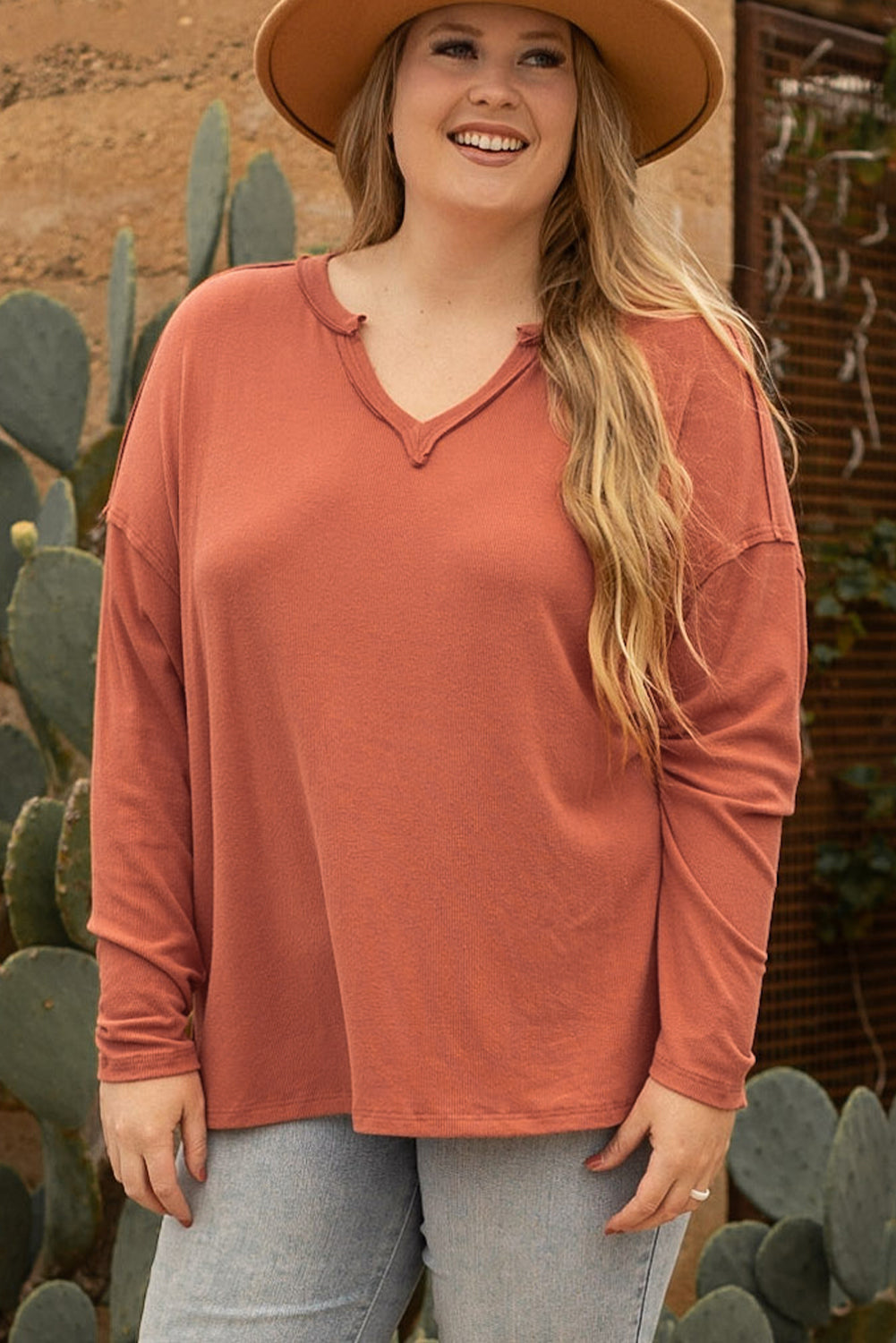 Women's Top with Plus Size V Neck Long-Sleeve