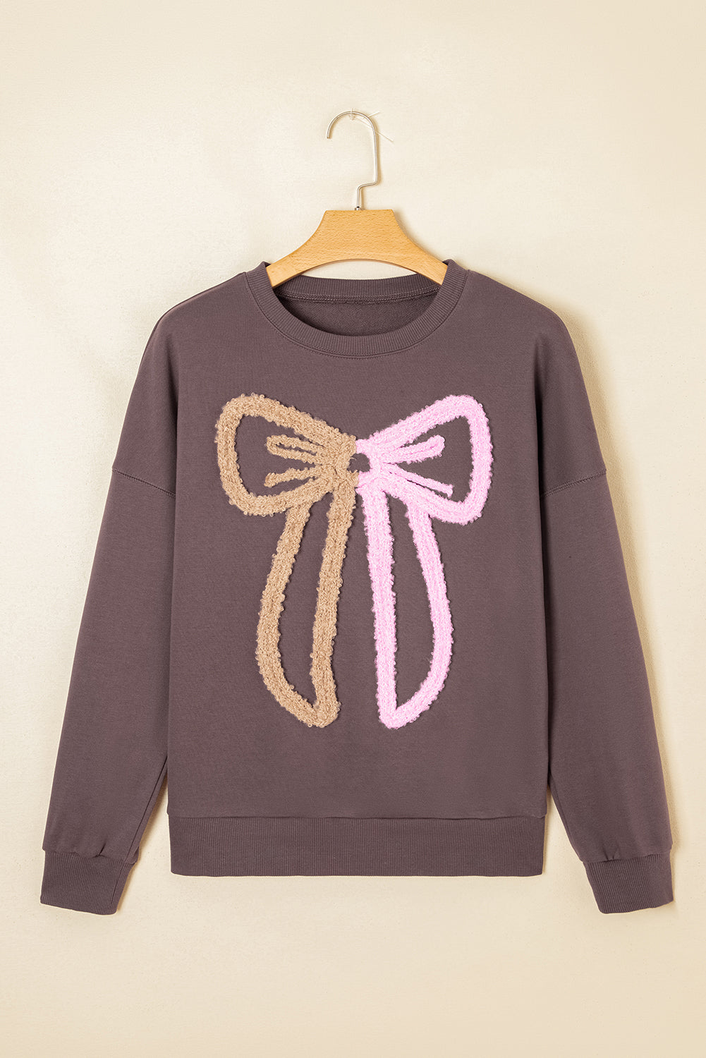 Terry Bow Contrast Bow Pattern Drop-Shoulder Sweatshirt