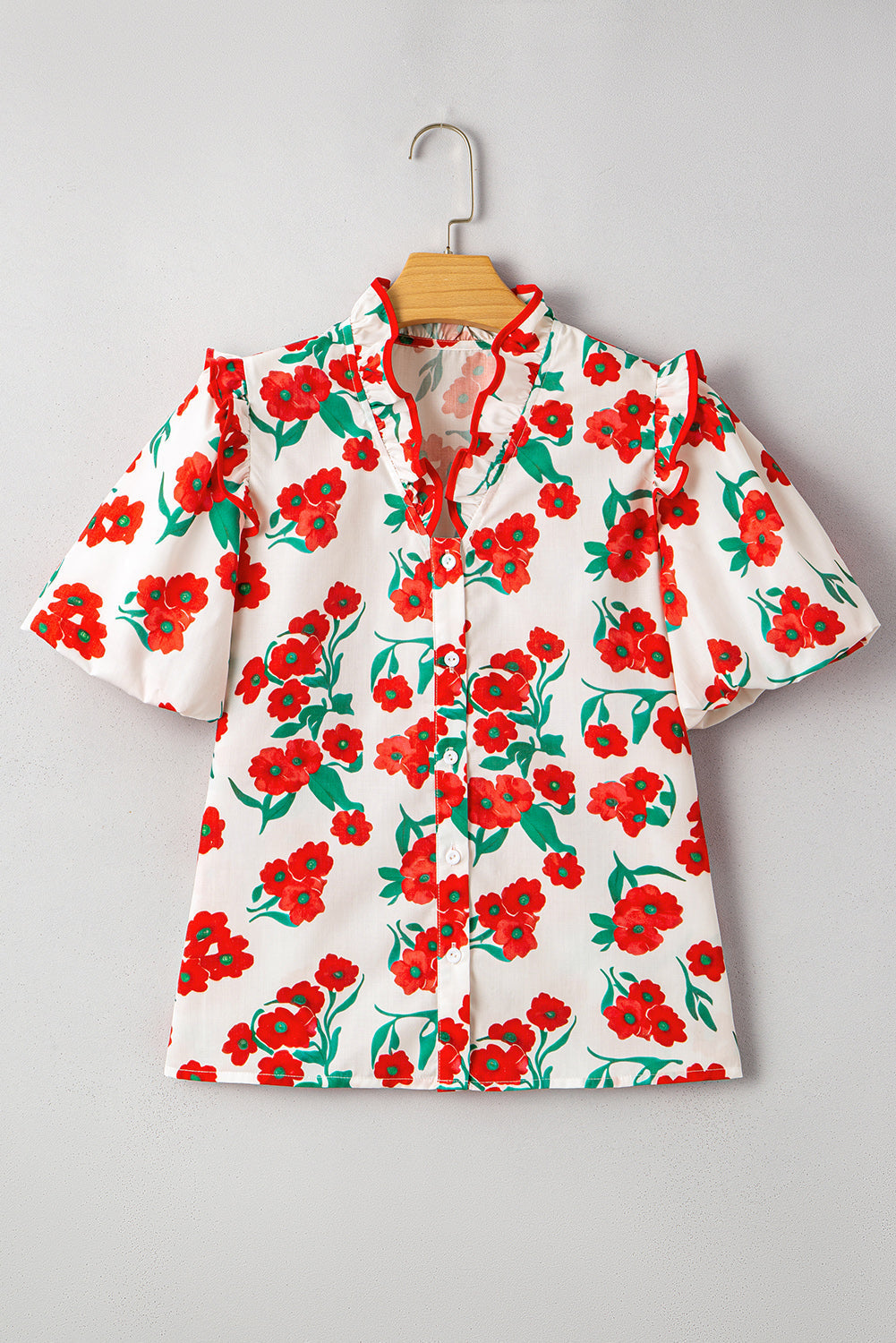 Ruffled Puff Floral-Print Puff Sleeve Refined Summer Shirt