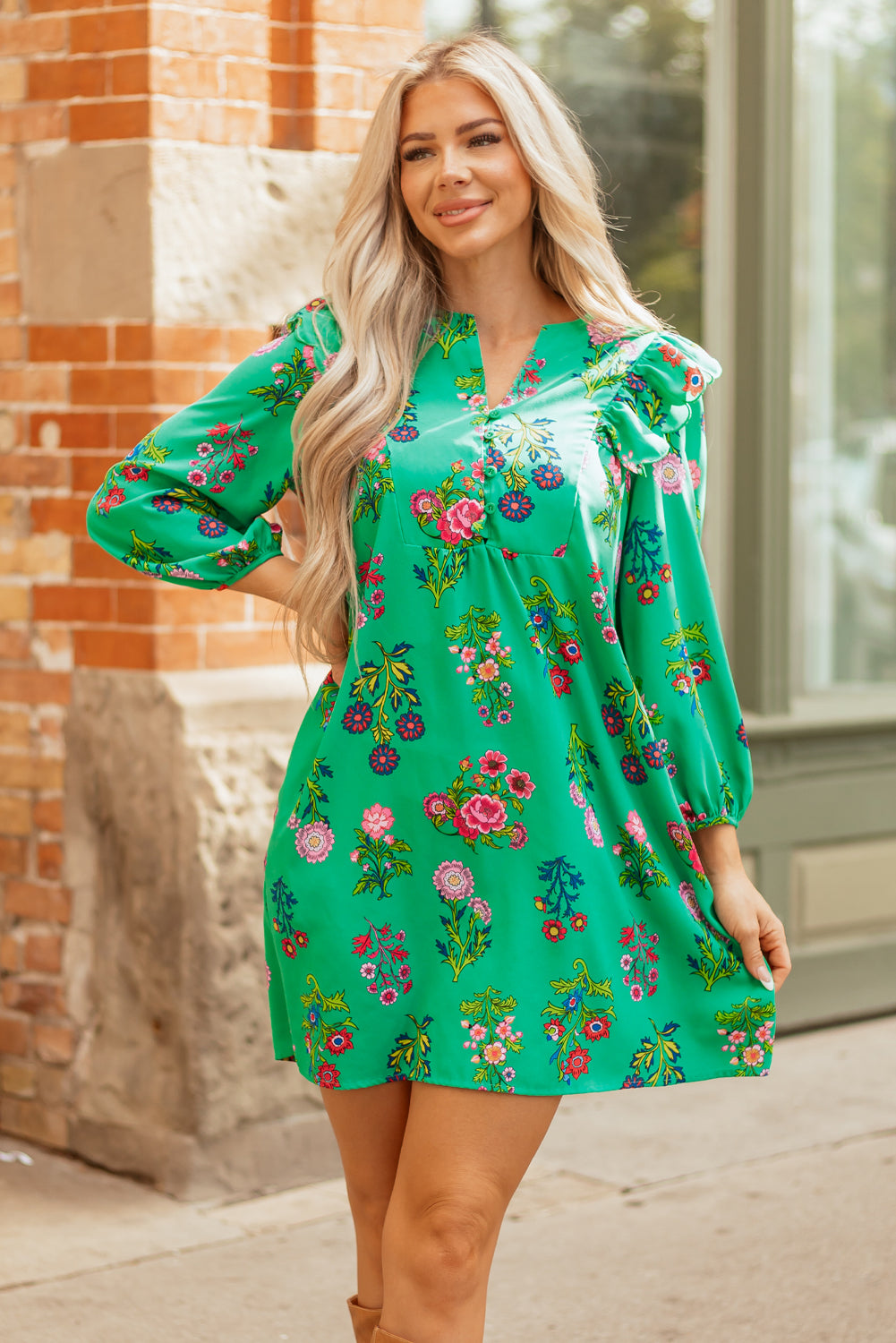 Floral Ruffled Three Quarter Sleeve Button-Front Mini Dress