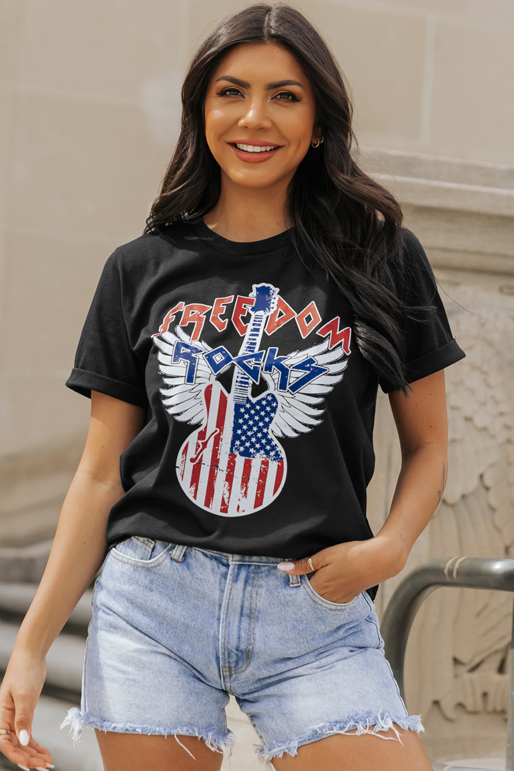 Tee for Women American Flag Guitar Print Crew Neck