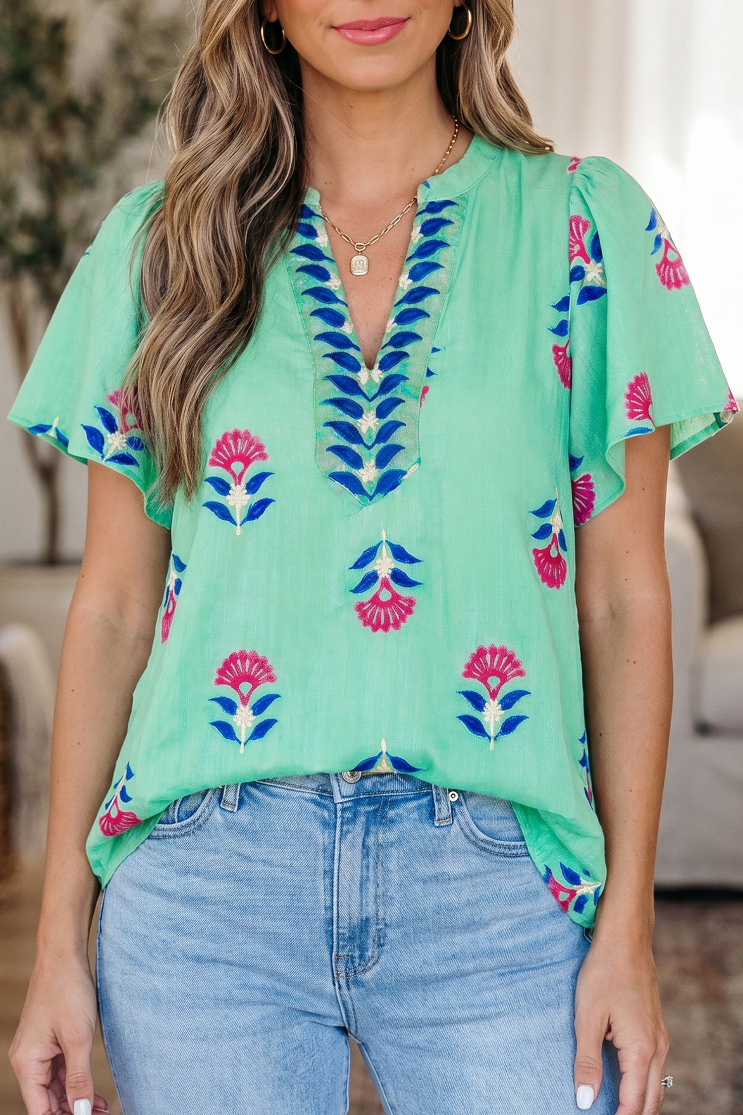 V-Neck Flutter Floral Flutter Sleeve Blouse in Green
