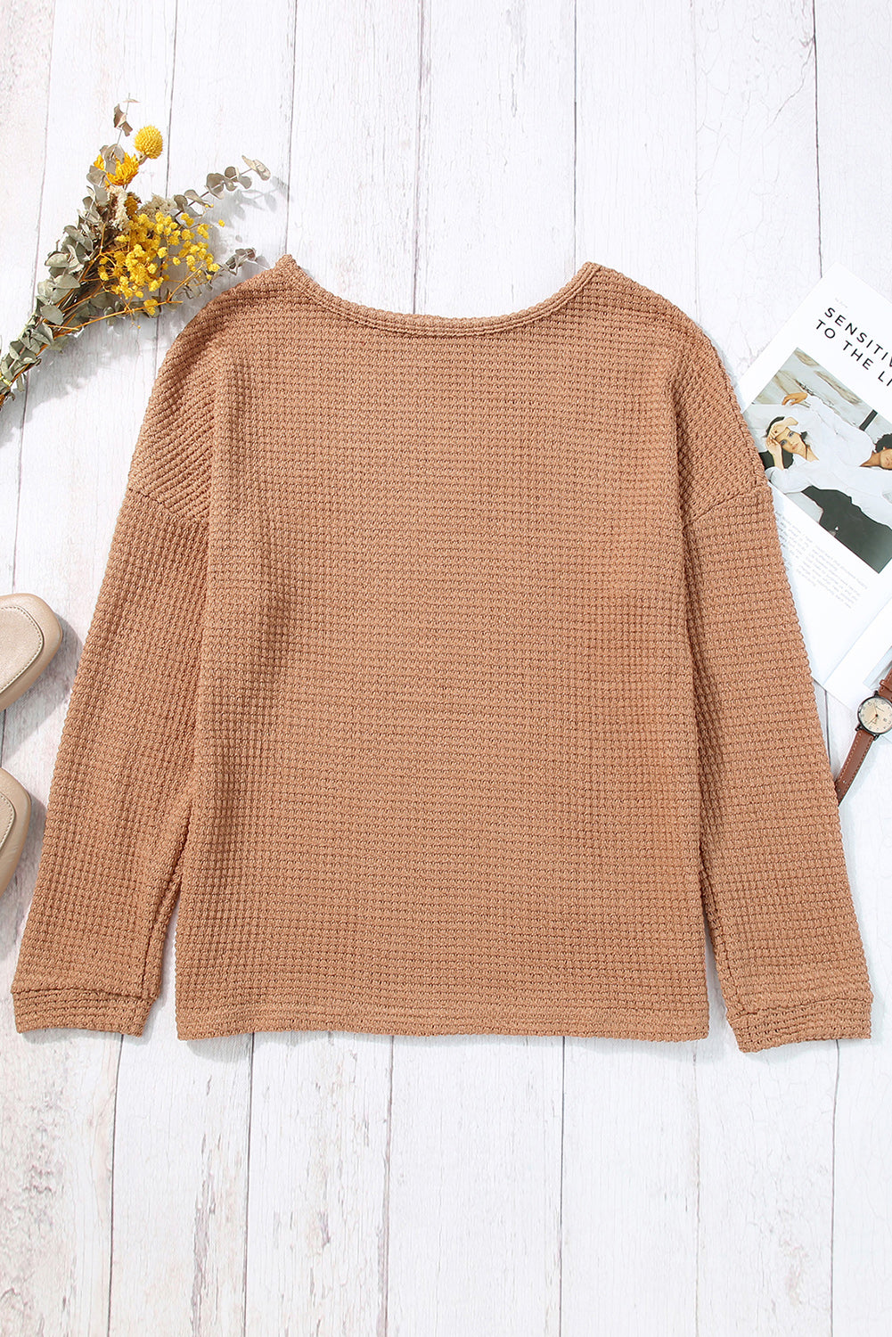 Top for Women Long-Sleeve Waffle Dropped-Shoulder