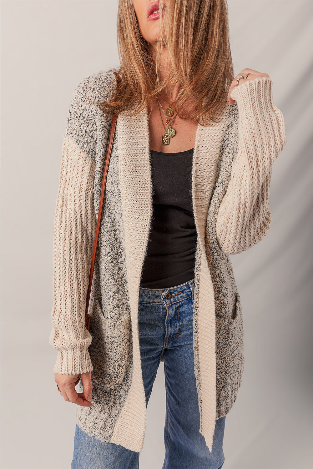 Colorblock Side Pockets Open-Front Cardigan