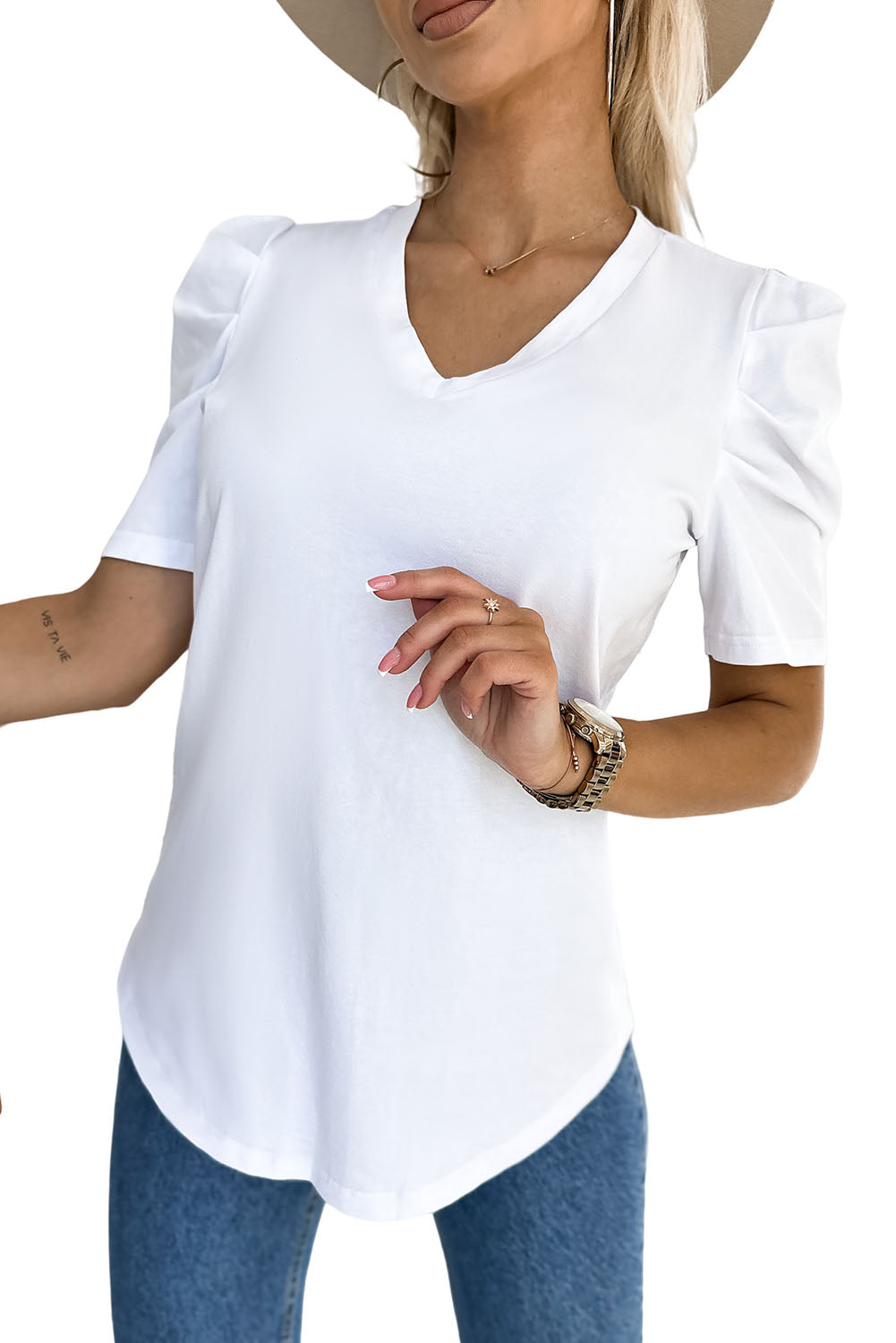 Women's T-shirt with Balloon Sleeve V Neck
