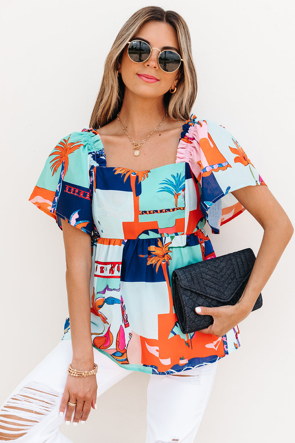 Square Tropical Printed Neck Flutter Sleeve Babydoll Blouse