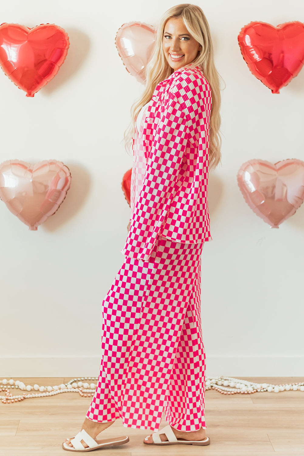 Checkered and Button-Front Shirt High-Waisted Pants Pajama Set in Pink