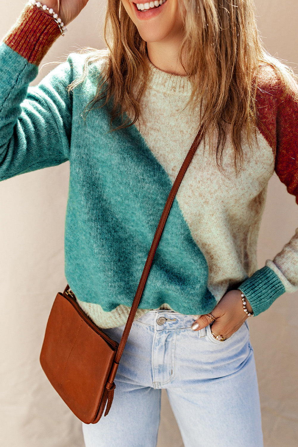 Women's Sweater with Rib-Knitted Trim Round Neck