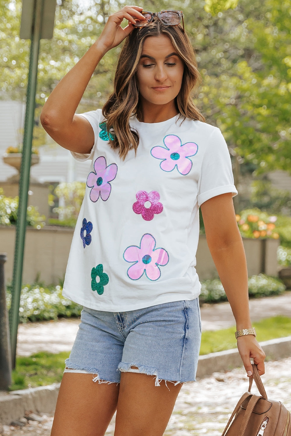 T Shirt for Women Sequined Flower Pattern Round Neck