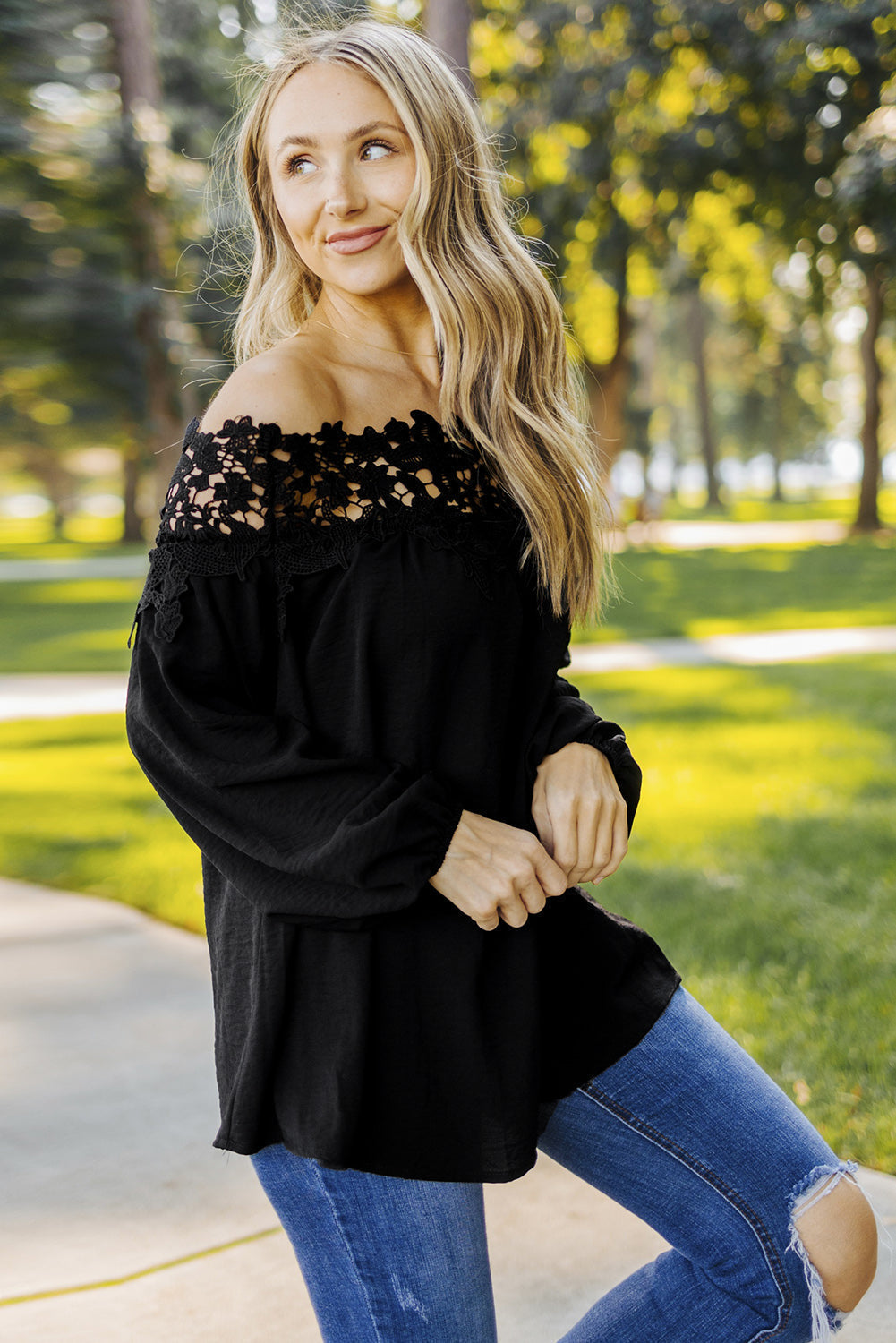 Top for Women Off The Shoulder Blooming Lace-Trimmed