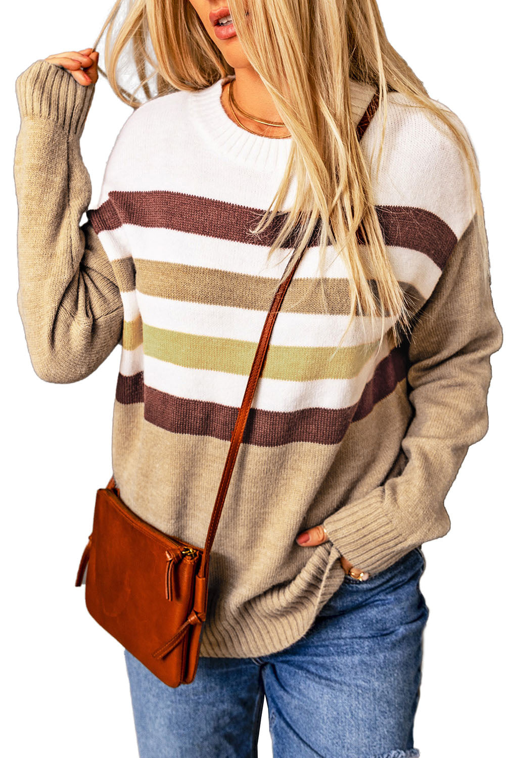 Women's Sweater Featuring Striped Long-Sleeve