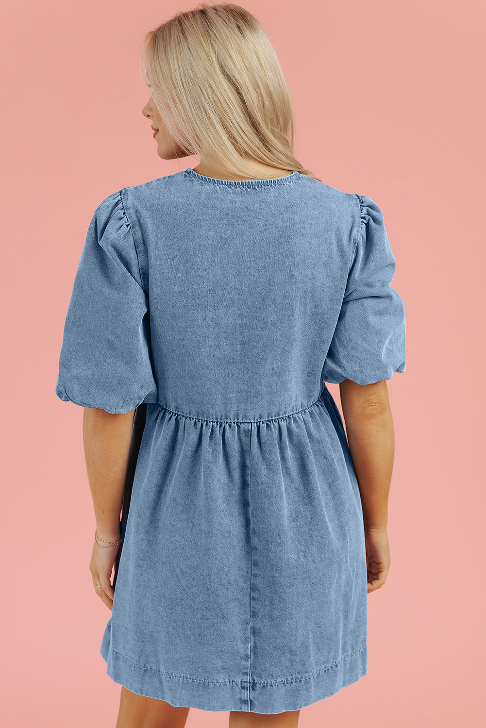 Bowknot Bubble Sleeve Short-Length Denim Dress