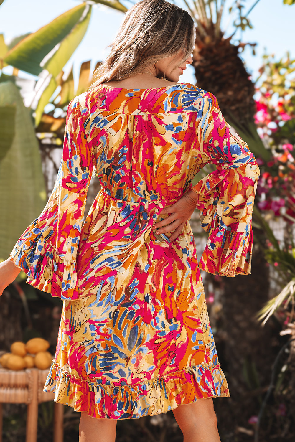 Plant Print Flared Sleeve Ruffled Hem Tunic Flowy Dress