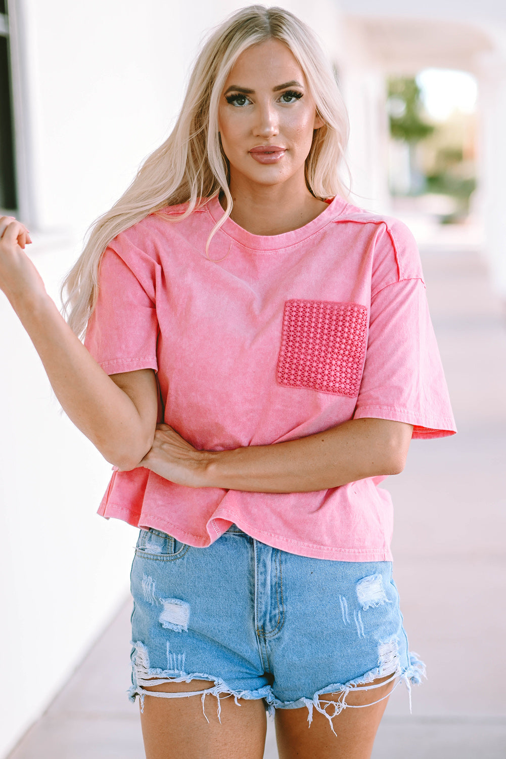 Women's T-shirt Featuring Lace-Trimmed Patch Pocket Acid Wash